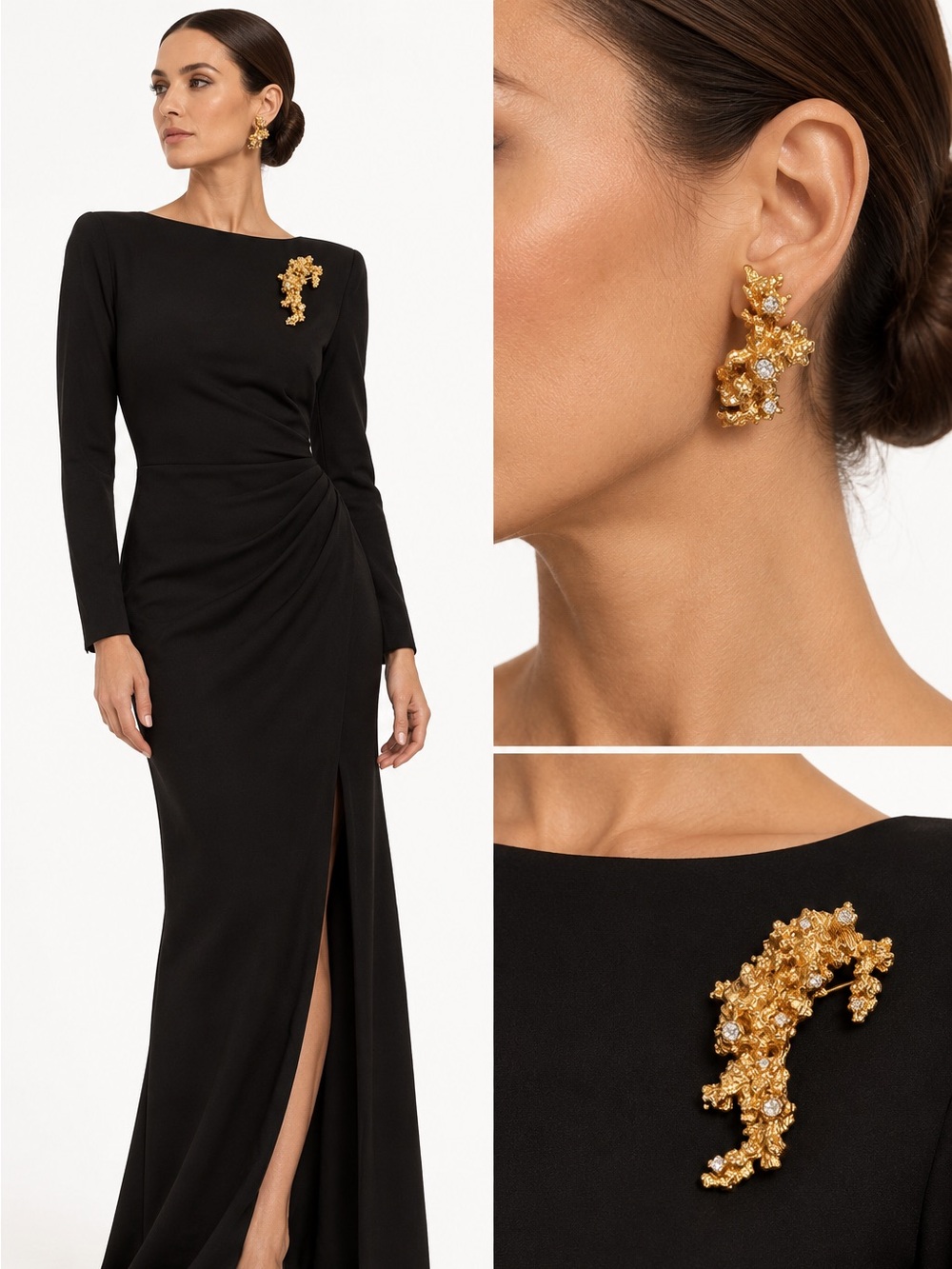 Gold-Tone nuggets Textured Cluster Brooch and Earrings Set